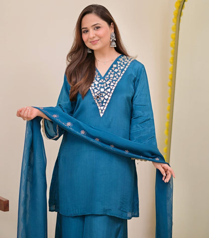 Elegant Teal Blue Embroidered Kurta Palazzo Set with Chiffon Dupatta for Women