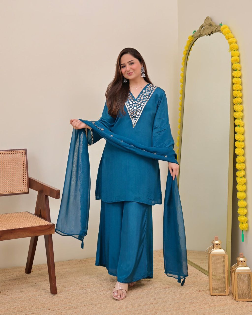Elegant Teal Blue Embroidered Kurta Palazzo Set with Chiffon Dupatta for Women
