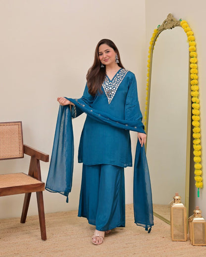 Elegant Teal Blue Embroidered Kurta Palazzo Set with Chiffon Dupatta for Women