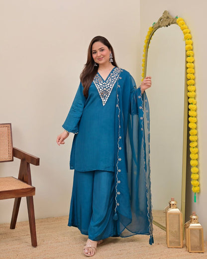 Elegant Teal Blue Embroidered Kurta Palazzo Set with Chiffon Dupatta for Women