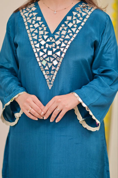 Elegant Teal Blue Embroidered Kurta Palazzo Set with Chiffon Dupatta for Women