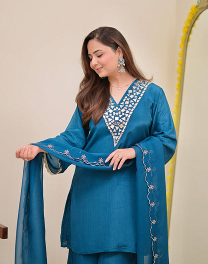 Elegant Teal Blue Embroidered Kurta Palazzo Set with Chiffon Dupatta for Women