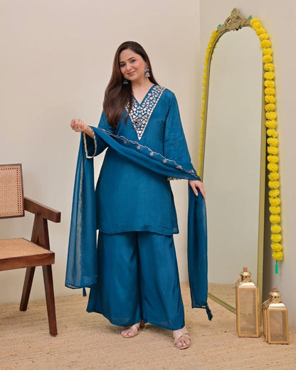 Elegant Teal Blue Embroidered Kurta Palazzo Set with Chiffon Dupatta for Women