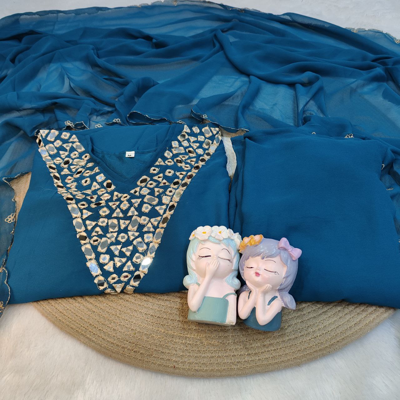 Elegant Teal Blue Embroidered Kurta Palazzo Set with Chiffon Dupatta for Women