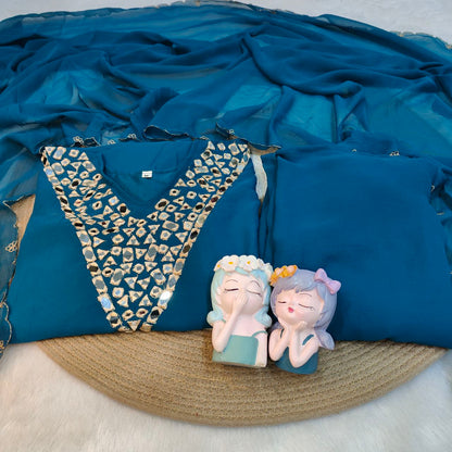 Elegant Teal Blue Embroidered Kurta Palazzo Set with Chiffon Dupatta for Women
