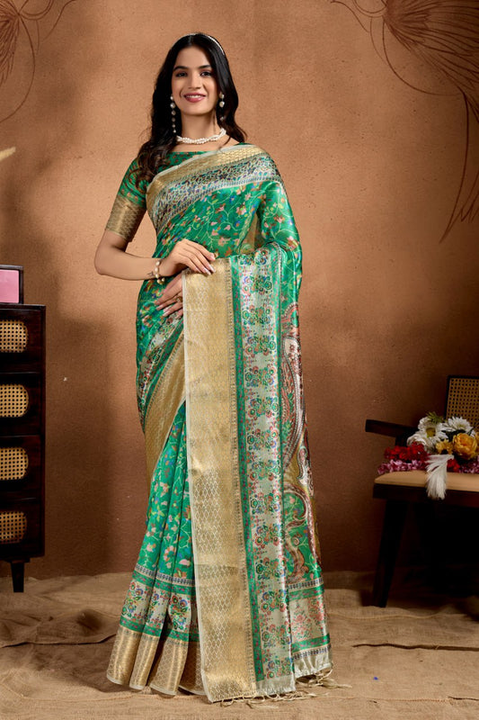 Attractive Green Soft Silk Blend Saree with Paisley & Floral Zari Weave