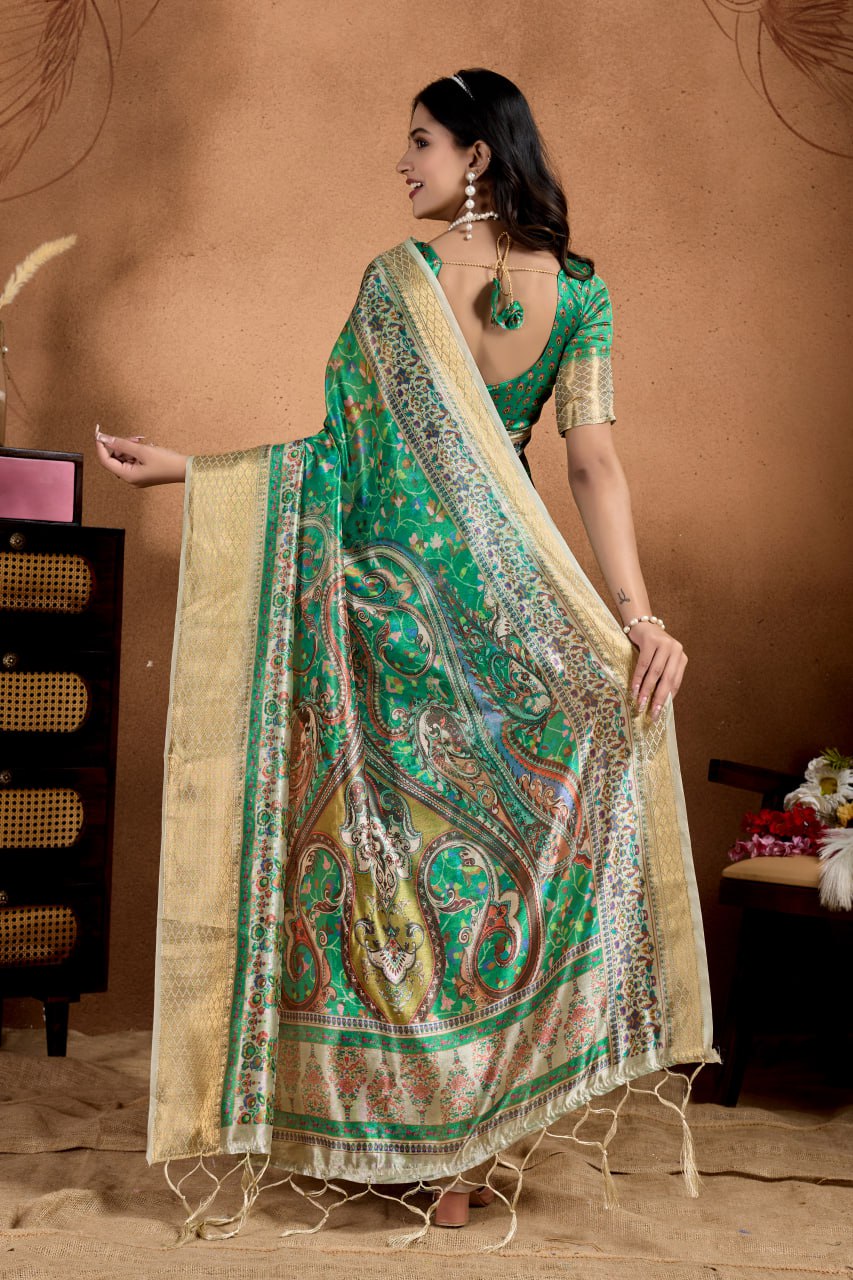 Attractive Green Soft Silk Blend Saree with Paisley & Floral Zari Weave