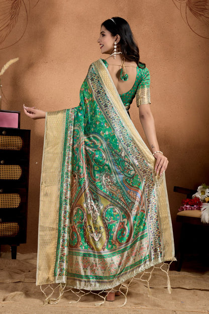 Attractive Green Soft Silk Blend Saree with Paisley & Floral Zari Weave