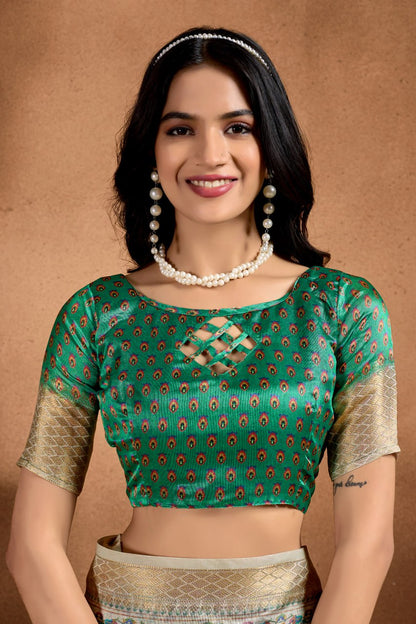 Attractive Green Soft Silk Blend Saree with Paisley & Floral Zari Weave