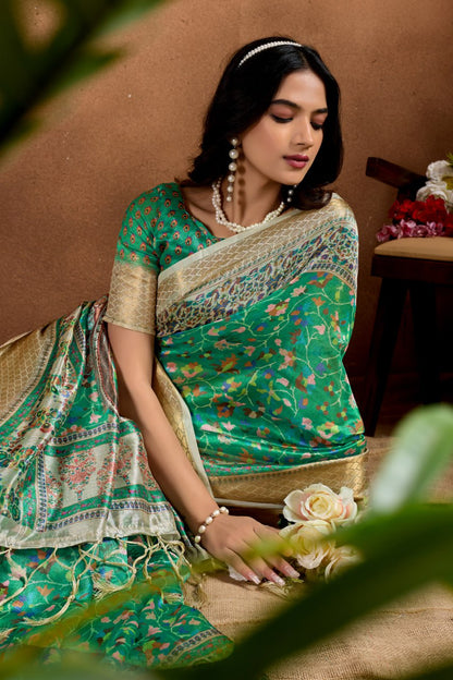 Attractive Green Soft Silk Blend Saree with Paisley & Floral Zari Weave