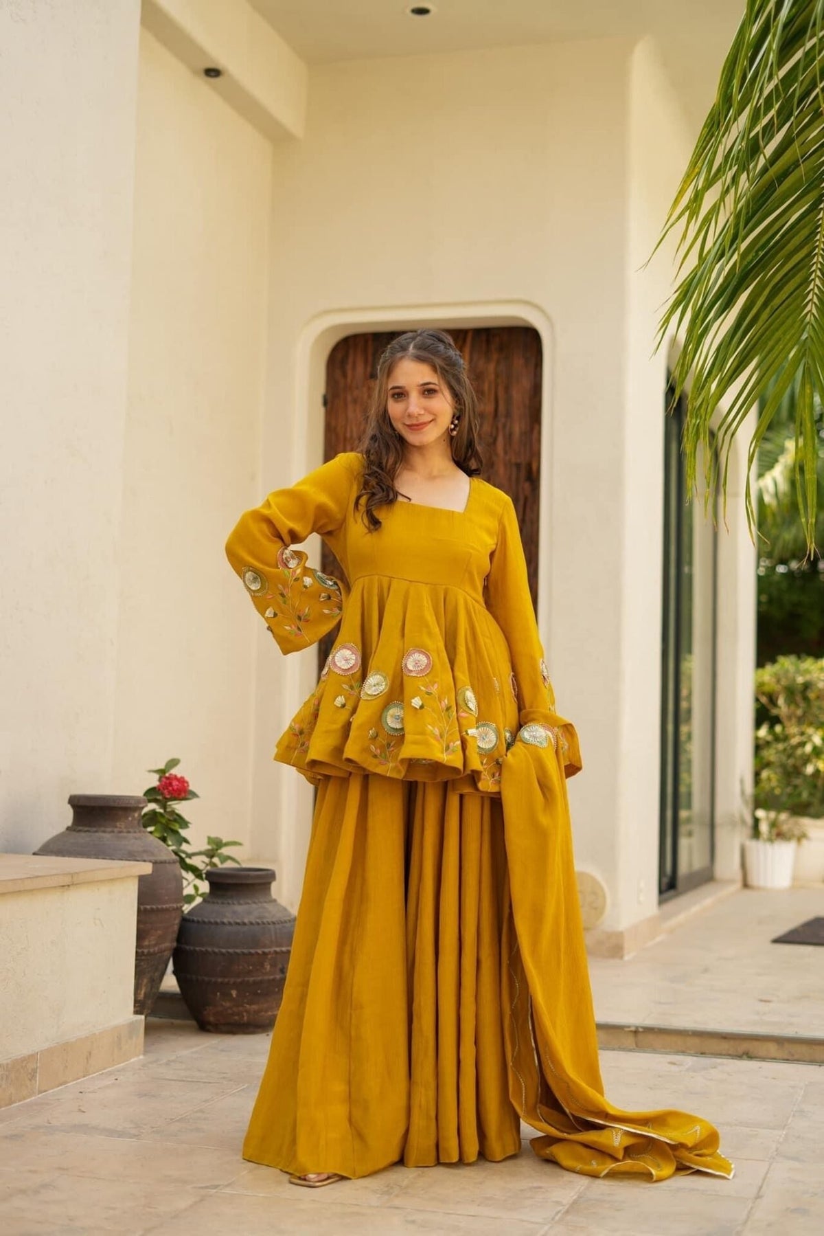 Mustard Gota Work Peplum Sharara Set