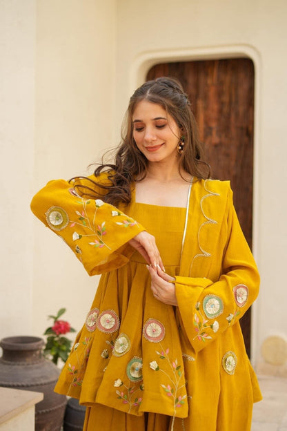 Mustard Gota Work Peplum Sharara Set