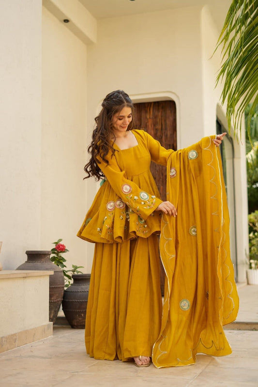 Mustard Gota Work Peplum Sharara Set