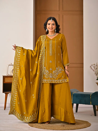 Beautiful Mustard Vichitra Silk Kurta Palazzo Set,