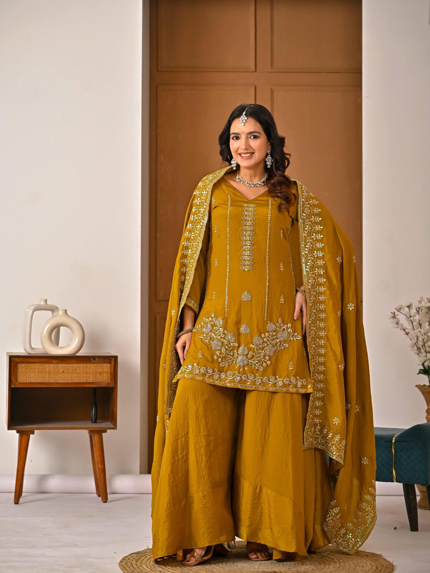 Beautiful Mustard Vichitra Silk Kurta Palazzo Set,