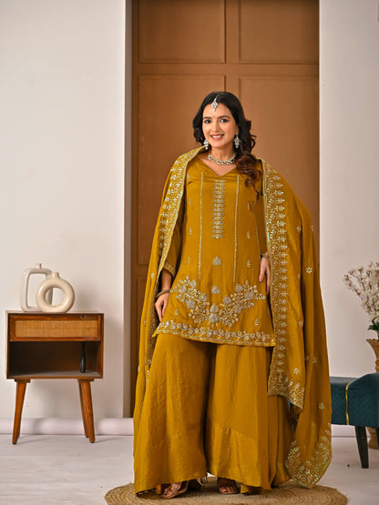 Beautiful Mustard Vichitra Silk Kurta Palazzo Set,