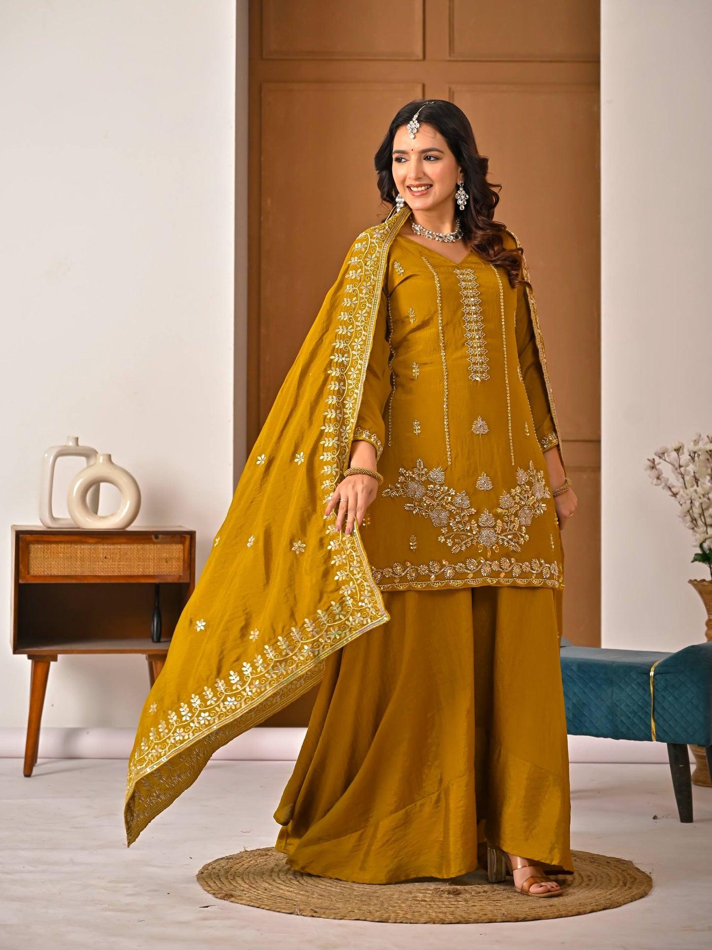 Beautiful Mustard Vichitra Silk Kurta Palazzo Set,