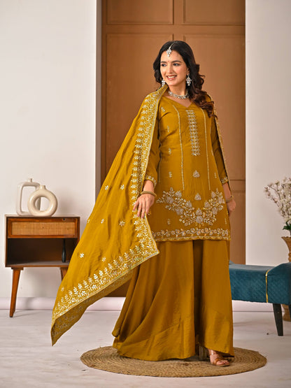 Beautiful Mustard Vichitra Silk Kurta Palazzo Set,