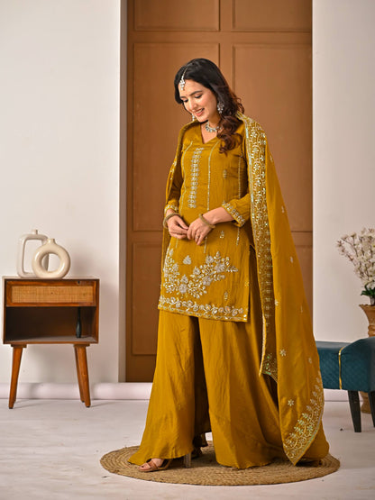 Beautiful Mustard Vichitra Silk Kurta Palazzo Set,
