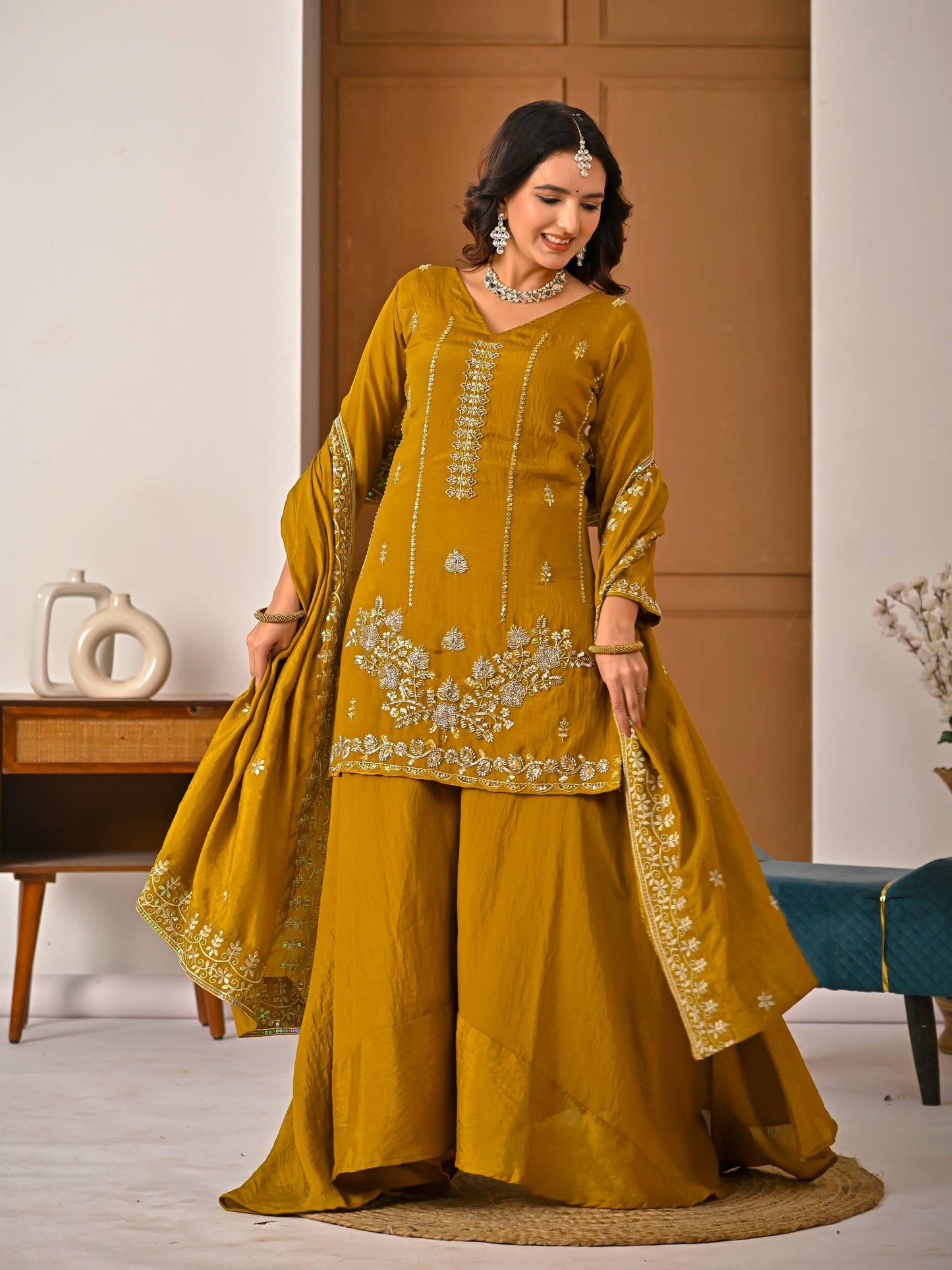Beautiful Mustard Vichitra Silk Kurta Palazzo Set,