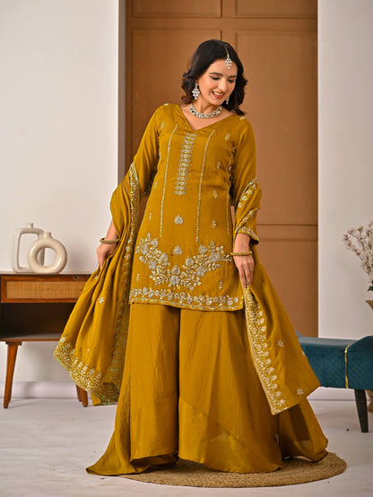 Beautiful Mustard Vichitra Silk Kurta Palazzo Set,