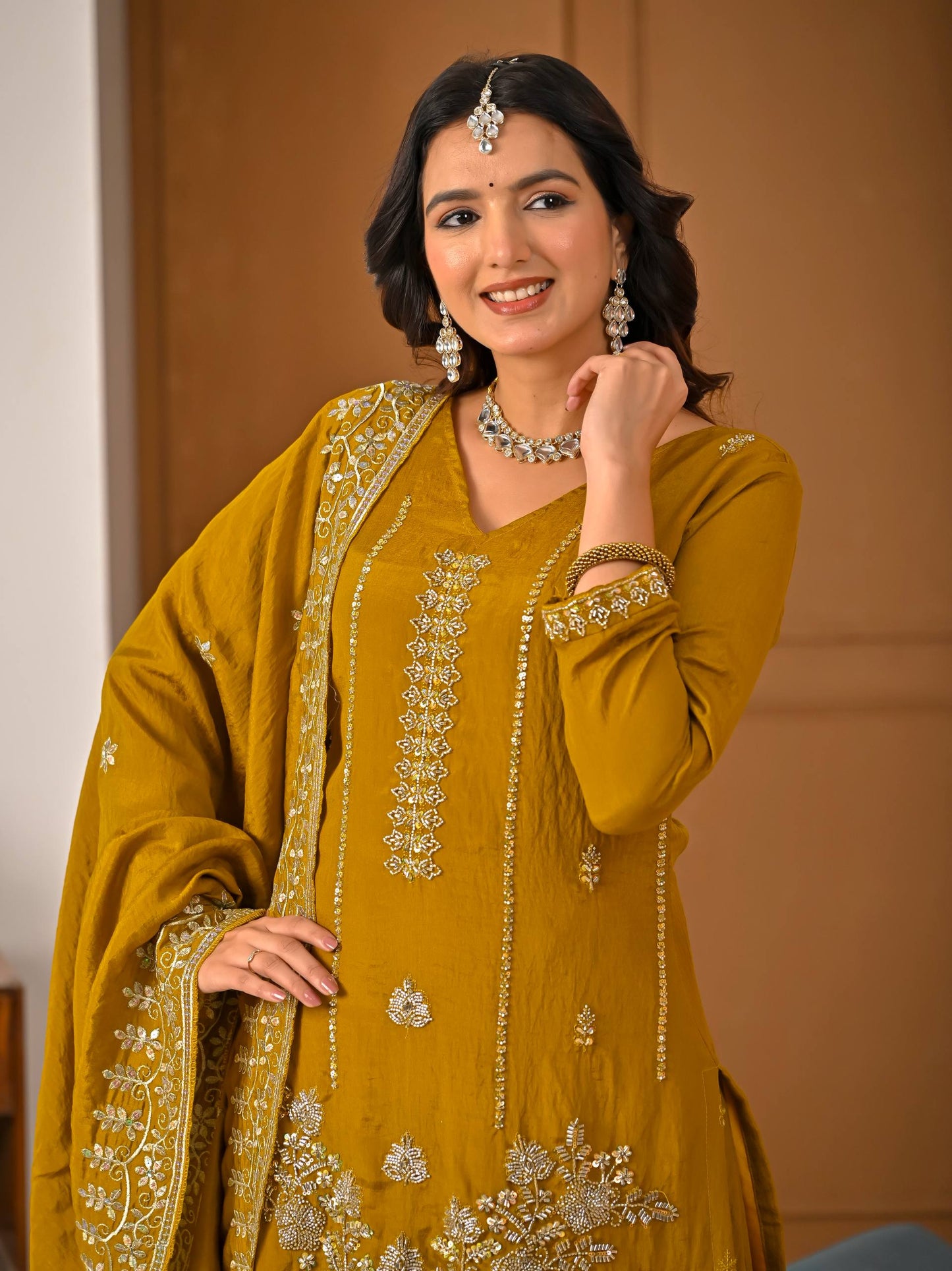 Beautiful Mustard Vichitra Silk Kurta Palazzo Set,