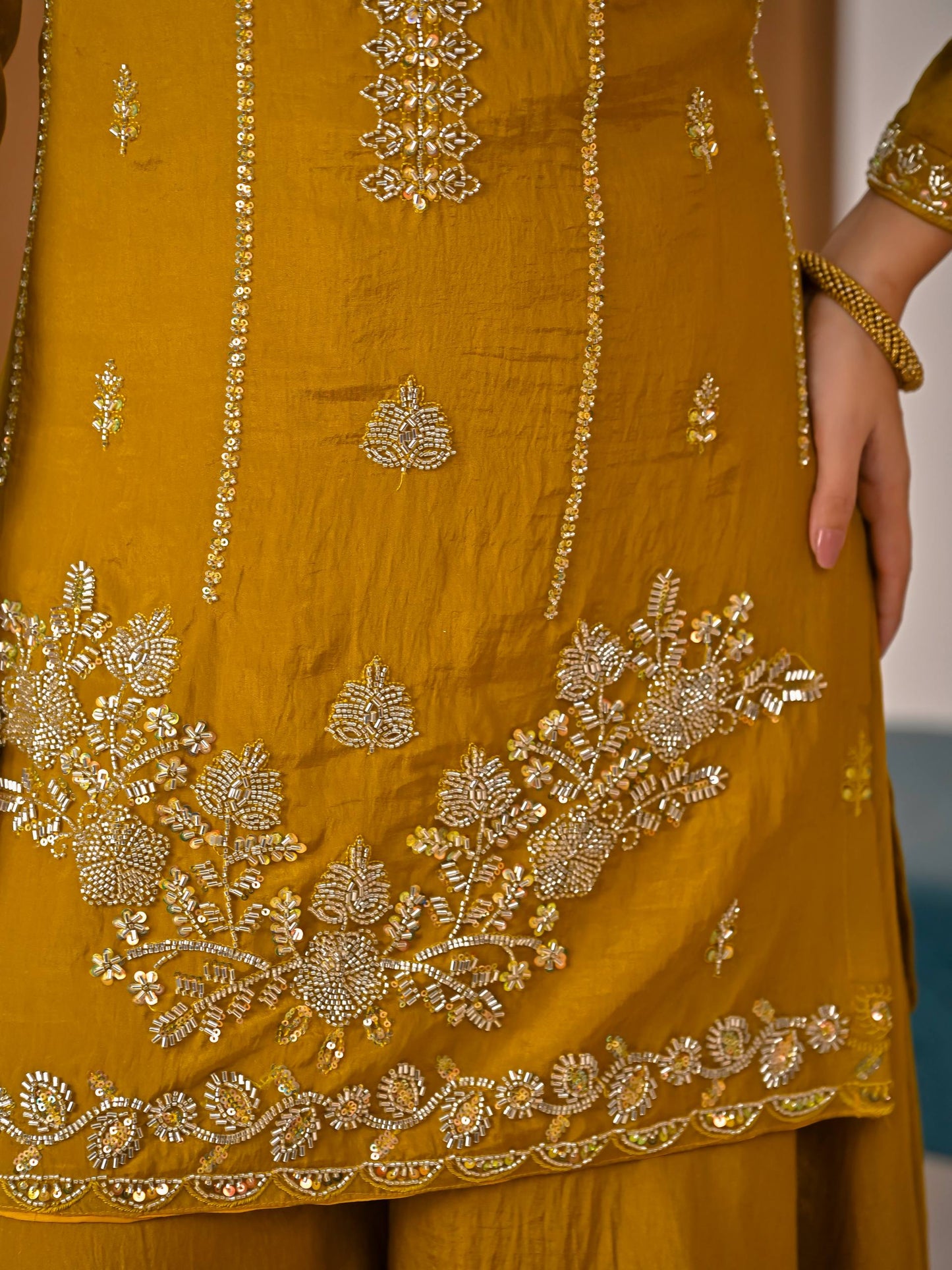 Beautiful Mustard Vichitra Silk Kurta Palazzo Set,