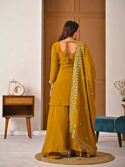 Beautiful Mustard Vichitra Silk Kurta Palazzo Set,