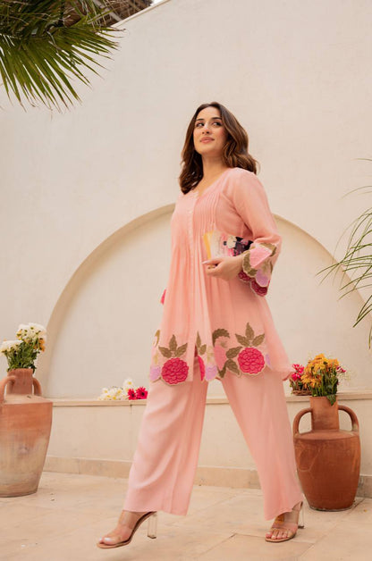 Blush Peach Floral Embroidered Co-ord Set