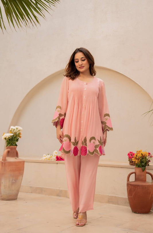 Blush Peach Floral Embroidered Co-ord Set