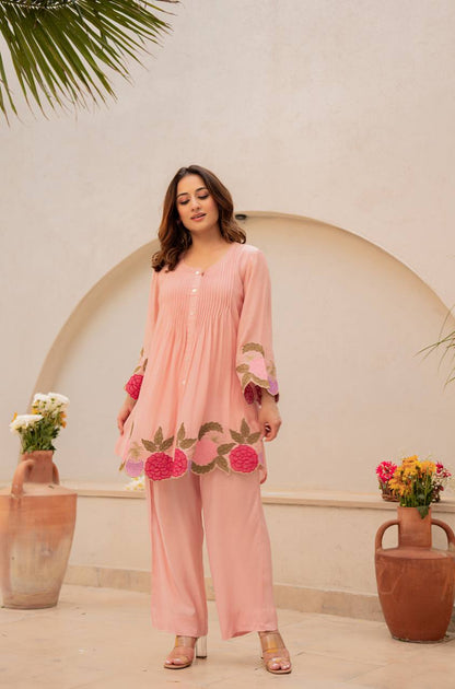 Blush Peach Floral Embroidered Co-ord Set