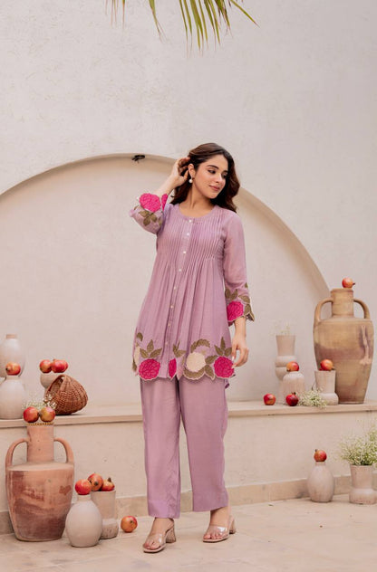 Dusty Mauve Floral Appliqué Kurta Pant Set