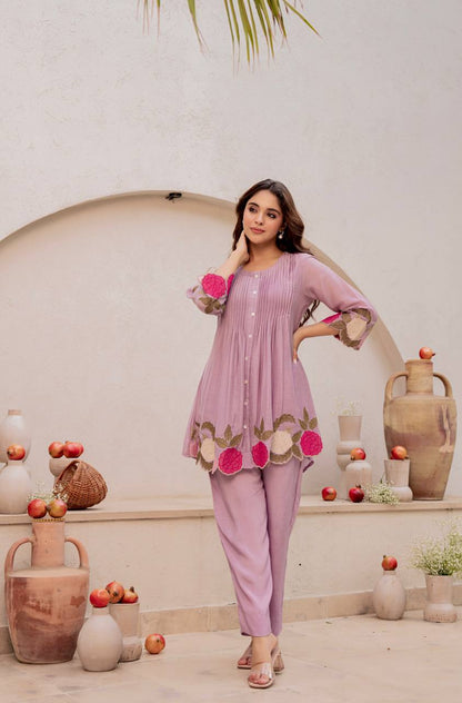 Dusty Mauve Floral Appliqué Kurta Pant Set