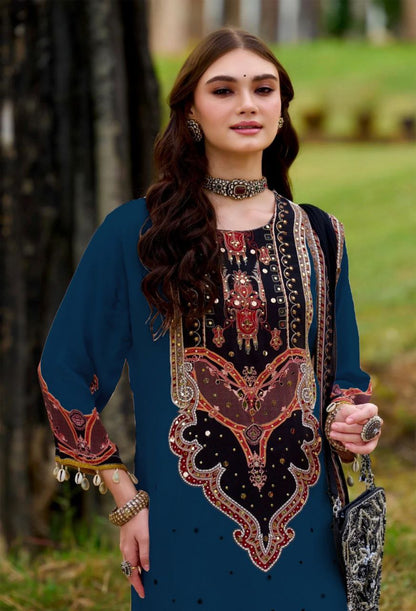 Royal Teal Printed Kurta Pant Set with Designer Dupatta for Women