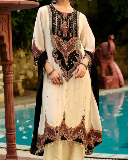 Royal Ivory Printed Kurta Pant Set with Designer Dupatta for Women