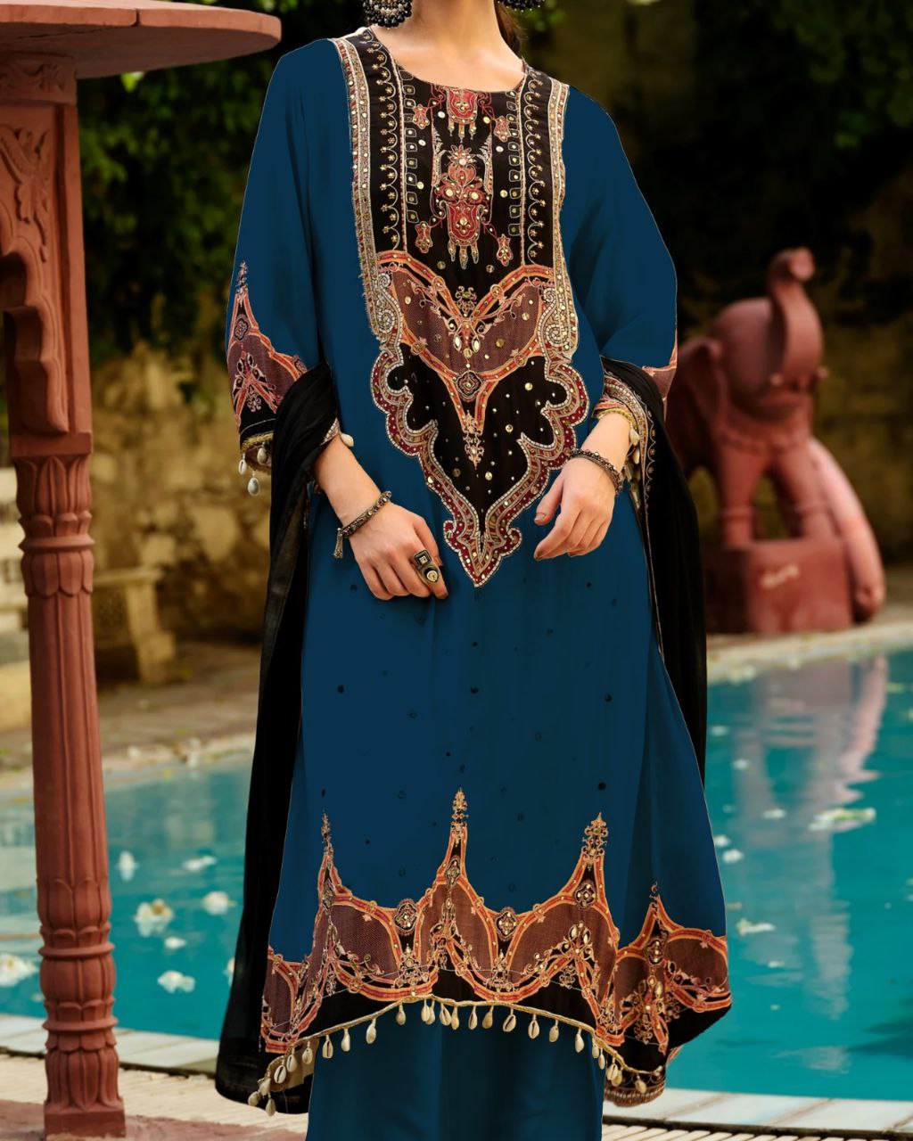 Royal Teal Printed Kurta Pant Set with Designer Dupatta for Women