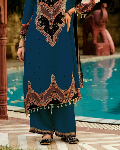 Royal Teal Printed Kurta Pant Set with Designer Dupatta for Women