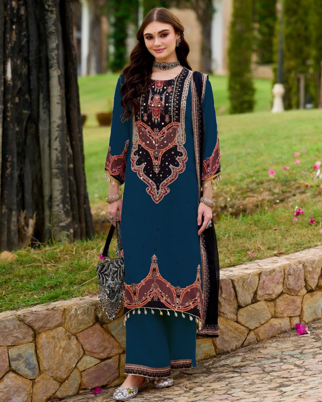Royal Teal Printed Kurta Pant Set with Designer Dupatta for Women