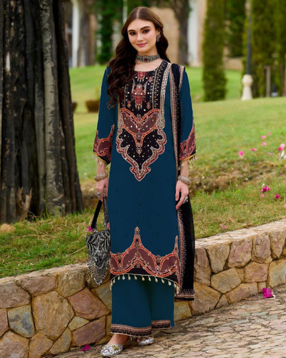 Royal Teal Printed Kurta Pant Set with Designer Dupatta for Women