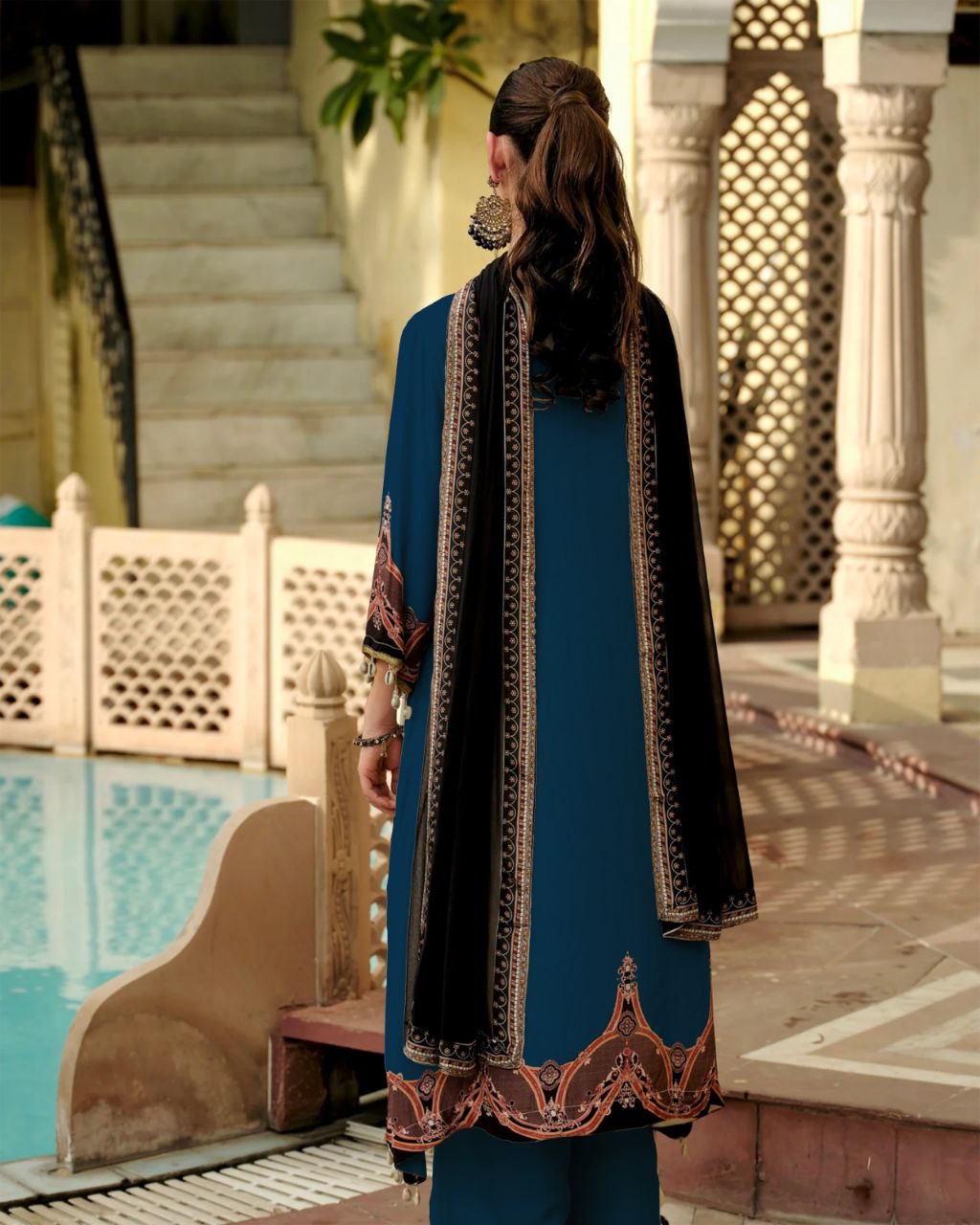 Royal Teal Printed Kurta Pant Set with Designer Dupatta for Women