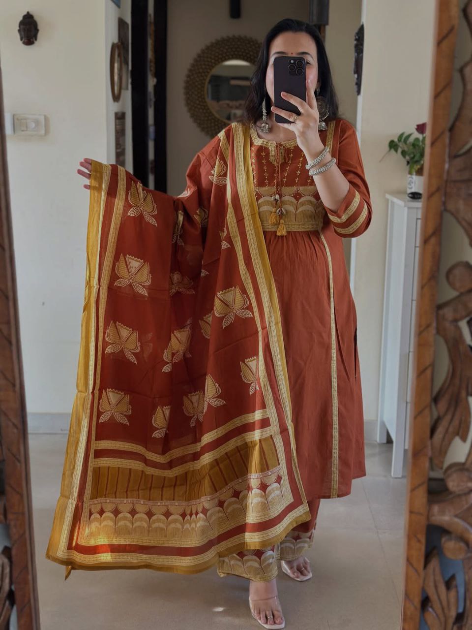 Graceful Rust Brown Cotton Embroidered Kurta Palazzo Set with Dupatta