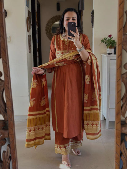 Graceful Rust Brown Cotton Embroidered Kurta Palazzo Set with Dupatta