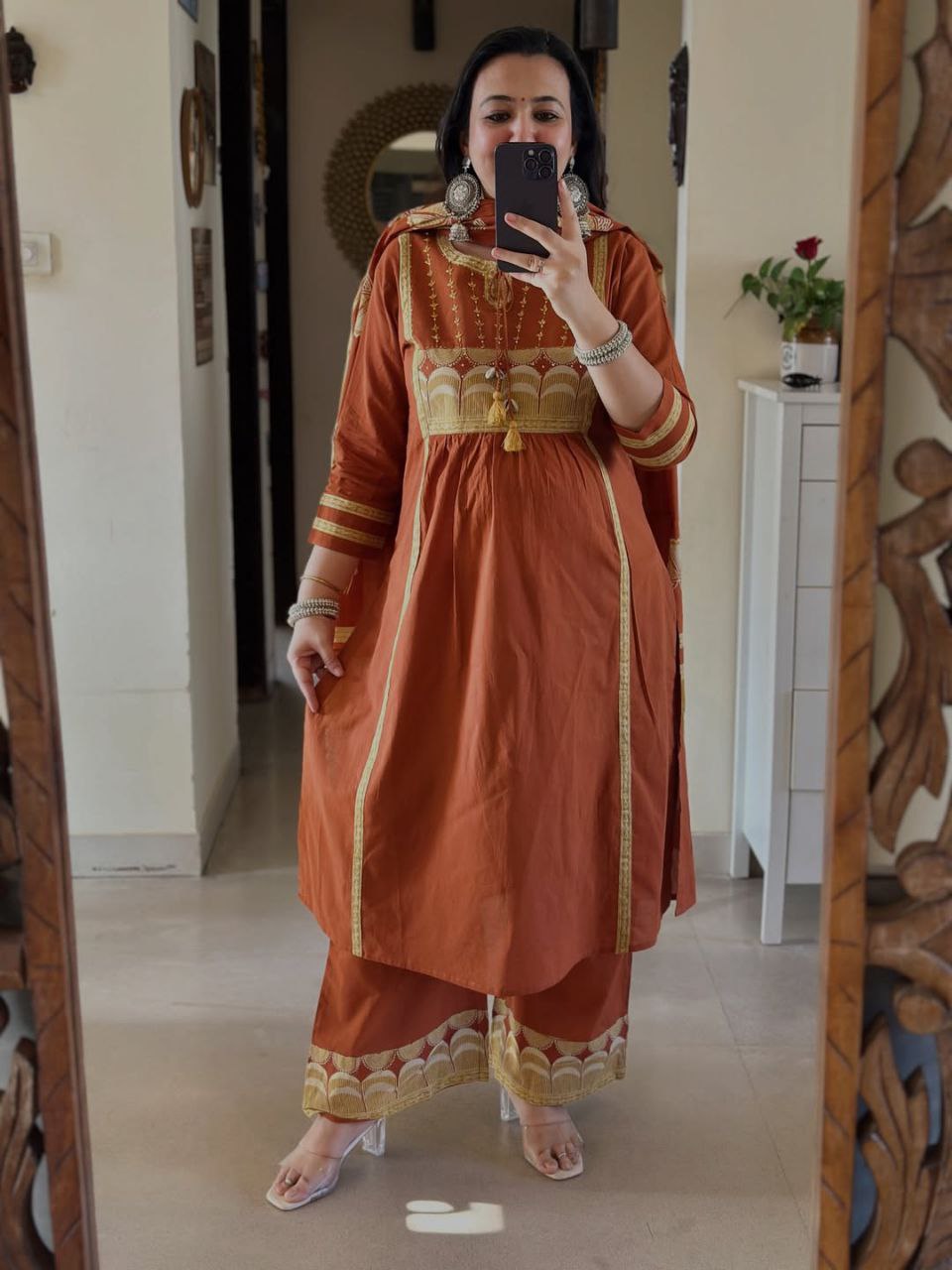 Graceful Rust Brown Cotton Embroidered Kurta Palazzo Set with Dupatta