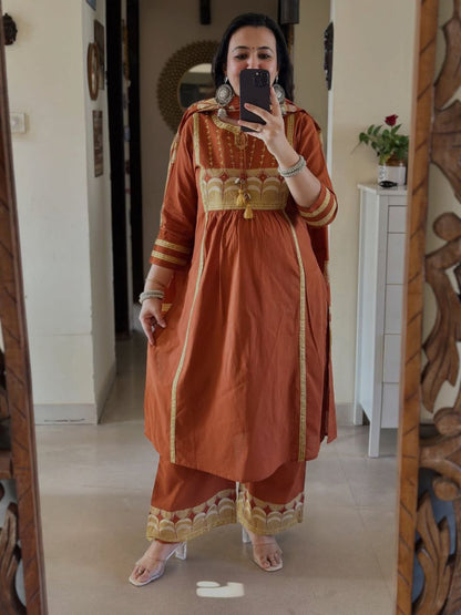 Graceful Rust Brown Cotton Embroidered Kurta Palazzo Set with Dupatta