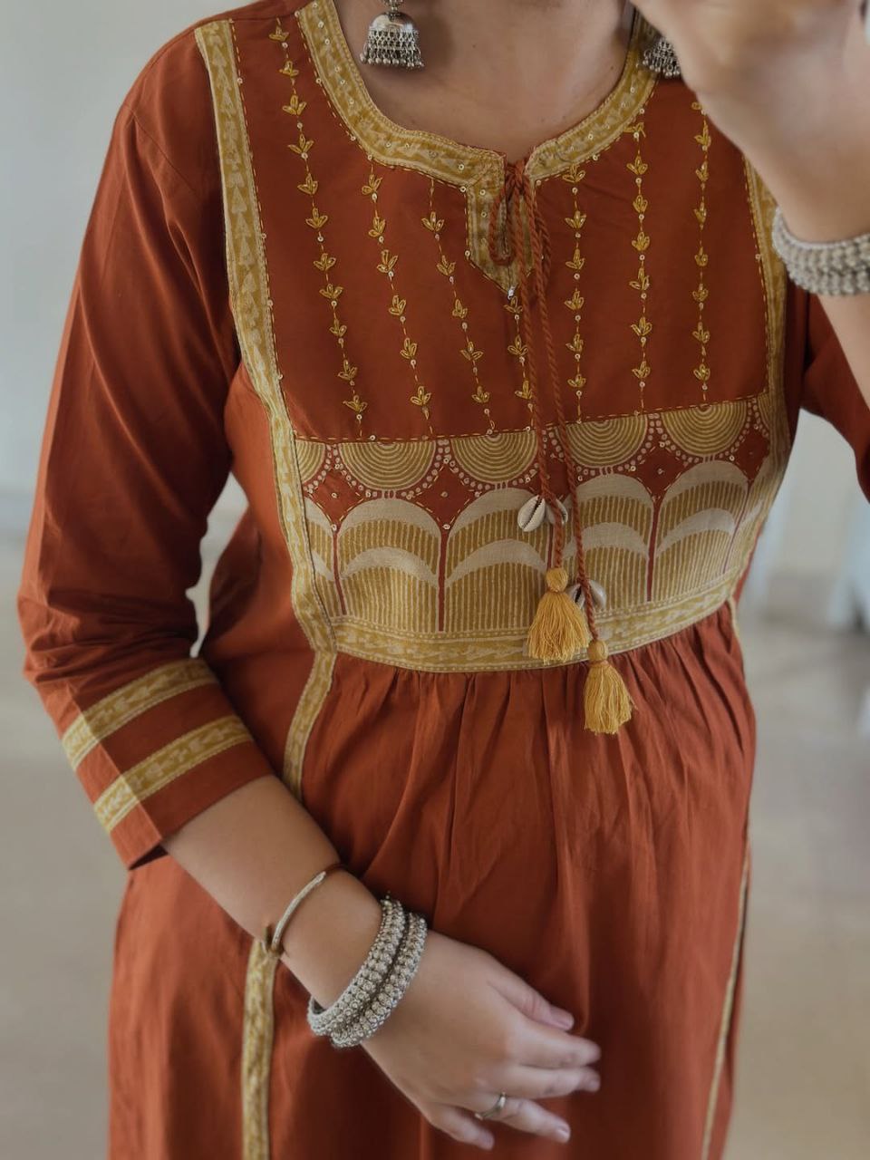 Graceful Rust Brown Cotton Embroidered Kurta Palazzo Set with Dupatta