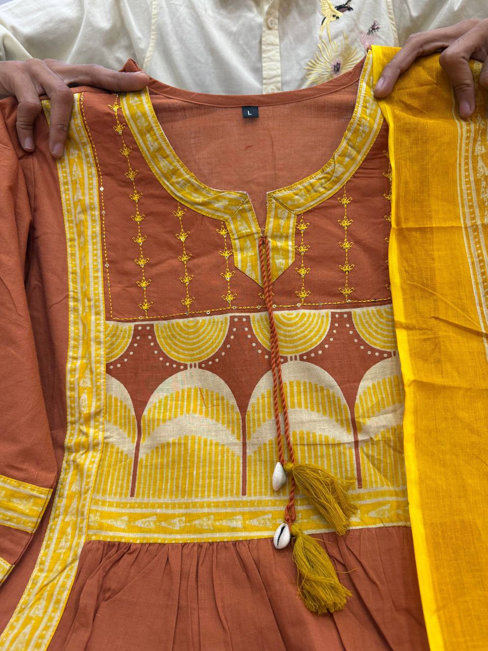 Graceful Rust Brown Cotton Embroidered Kurta Palazzo Set with Dupatta