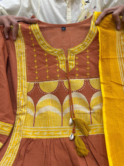 Graceful Rust Brown Cotton Embroidered Kurta Palazzo Set with Dupatta