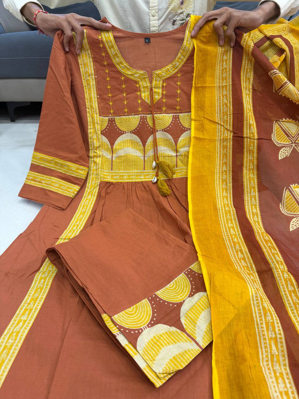 Graceful Rust Brown Cotton Embroidered Kurta Palazzo Set with Dupatta