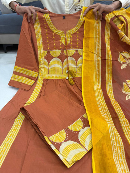 Graceful Rust Brown Cotton Embroidered Kurta Palazzo Set with Dupatta