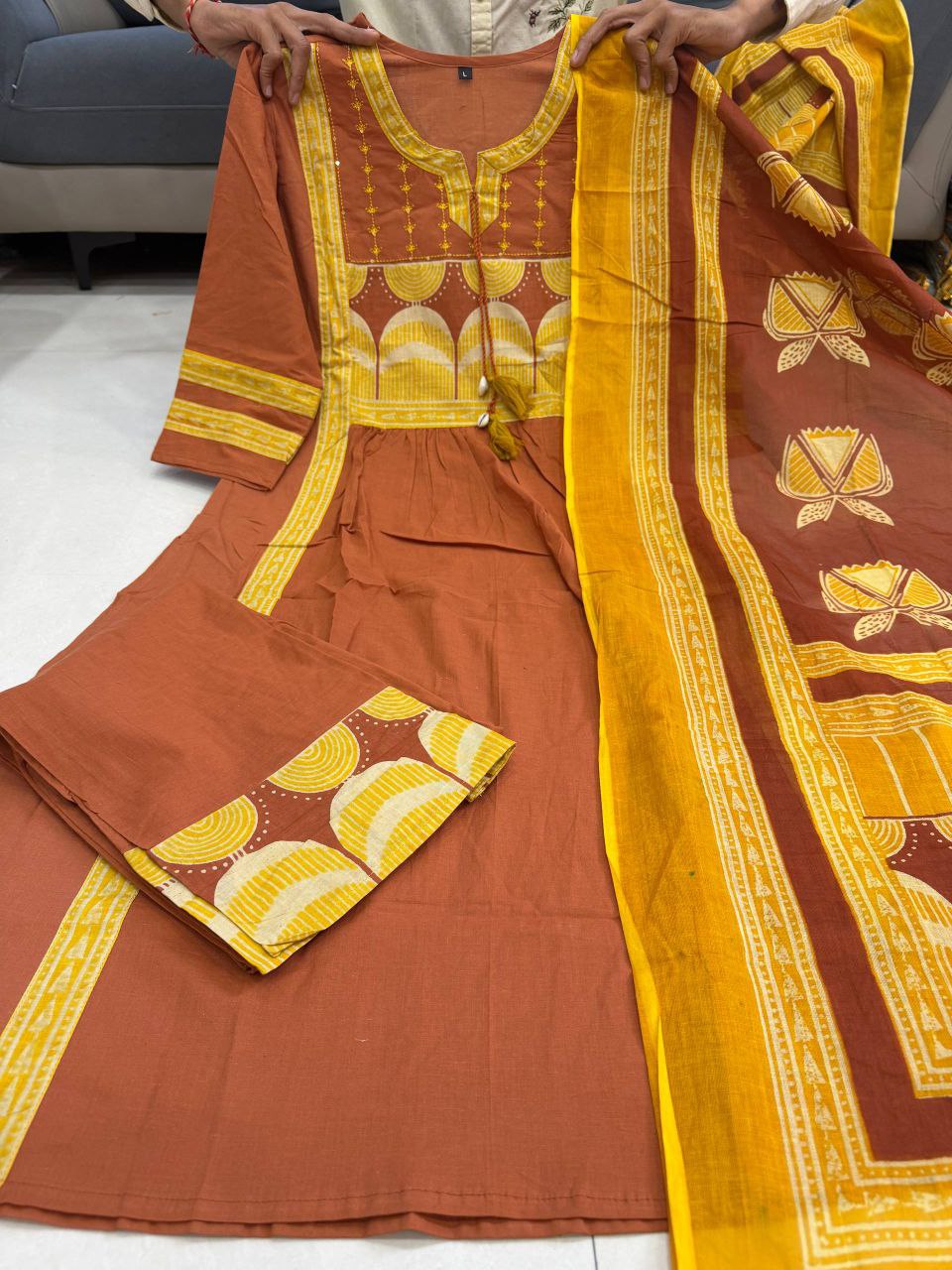 Graceful Rust Brown Cotton Embroidered Kurta Palazzo Set with Dupatta